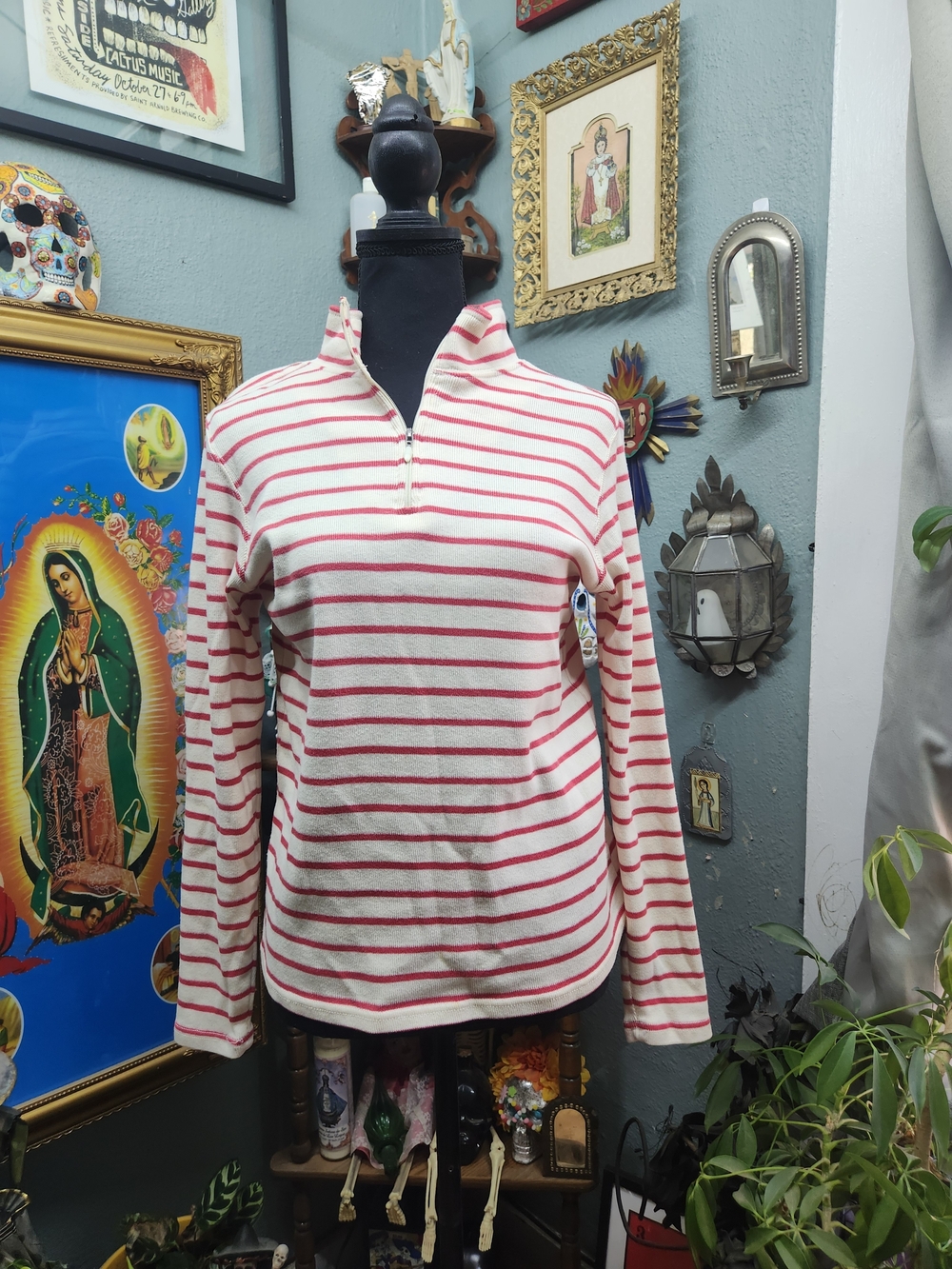 L.L. Bean Cream and Pink Striped Quarter-Zip Pullover